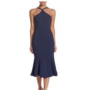 DRESS THE POPULATION Small Tessa Halter Crepe Mermaid Midi Dress Navy